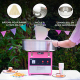 Machine à barbe à papa rose avec bol en acier inoxydable, accessoires inclus et une personne en train de préparer de la barbe à papa