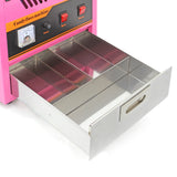 Machine à barbe à papa rose avec tiroir en acier inoxydable, boutons de contrôle rouges et cadran pour ajuster la température