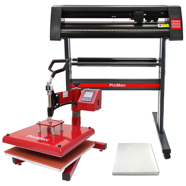 Presse à chaud rouge de 38 cm avec plotter de découpe vinyle, affichant des surfaces lisses et des détails techniques clairs