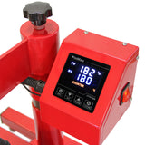 Presse à chaud PixMax rouge avec écran numérique affichant la température et le compteur, conçue pour le transfert de vinyle