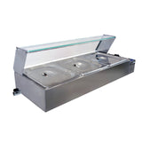 Bain marie KuKoo en acier inoxydable avec trois bacs, couvercle en verre, design élégant et surface lisse pour un service professionnel