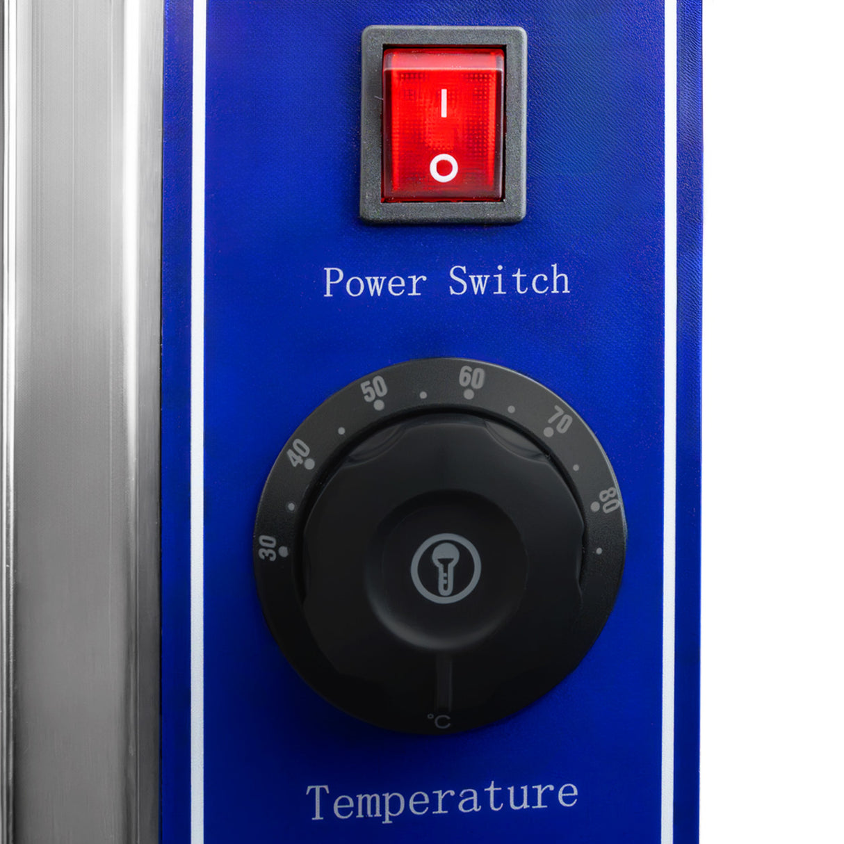 Interrupteur d'alimentation rouge et bouton de réglage de température noir sur un fond bleu, pour un bain marie à 3 bacs KuKoo