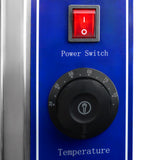 Interrupteur d'alimentation rouge et bouton de réglage de température noir sur un fond bleu, pour un bain marie à 3 bacs KuKoo