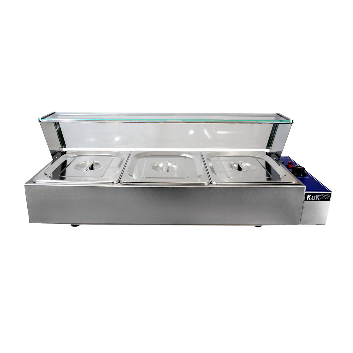 Bain marie KuKoo en acier inoxydable à trois bacs, avec couvercles en verre, idéal pour garder les aliments chauds et présentables