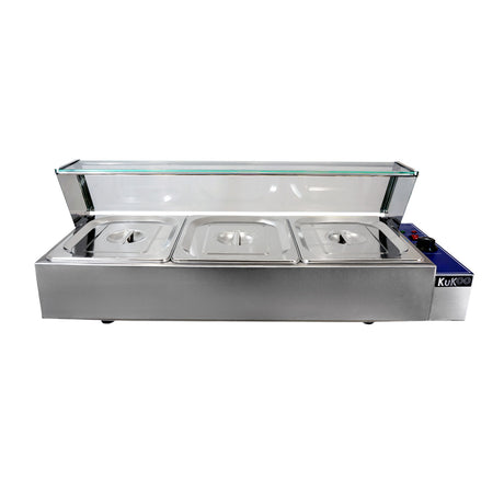 Bain marie KuKoo en acier inoxydable à trois bacs, avec couvercles en verre, idéal pour garder les aliments chauds et présentables