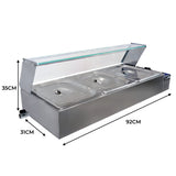 Bain marie en acier inoxydable à trois bacs, avec couvercle transparent, dimensions 92 cm x 31 cm x 35 cm, idéal pour maintenir les aliments au chaud