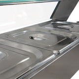 Bain marie KuKoo en acier inoxydable avec trois bacs rectangulaires, couvercles en verre, surface lisse et brillante