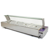 Bain marie KuKoo en acier inoxydable avec quatre bacs, couvercle en verre, boutons de contrôle et design moderne et élégant