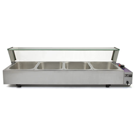 Bain marie KuKoo en acier inoxydable à 4 bacs, avec couvercle en verre, idéal pour maintenir les aliments au chaud et en présentation