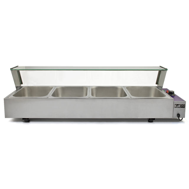 Bain marie KuKoo en acier inoxydable à 4 bacs, avec couvercle en verre, idéal pour maintenir les aliments au chaud et en présentation