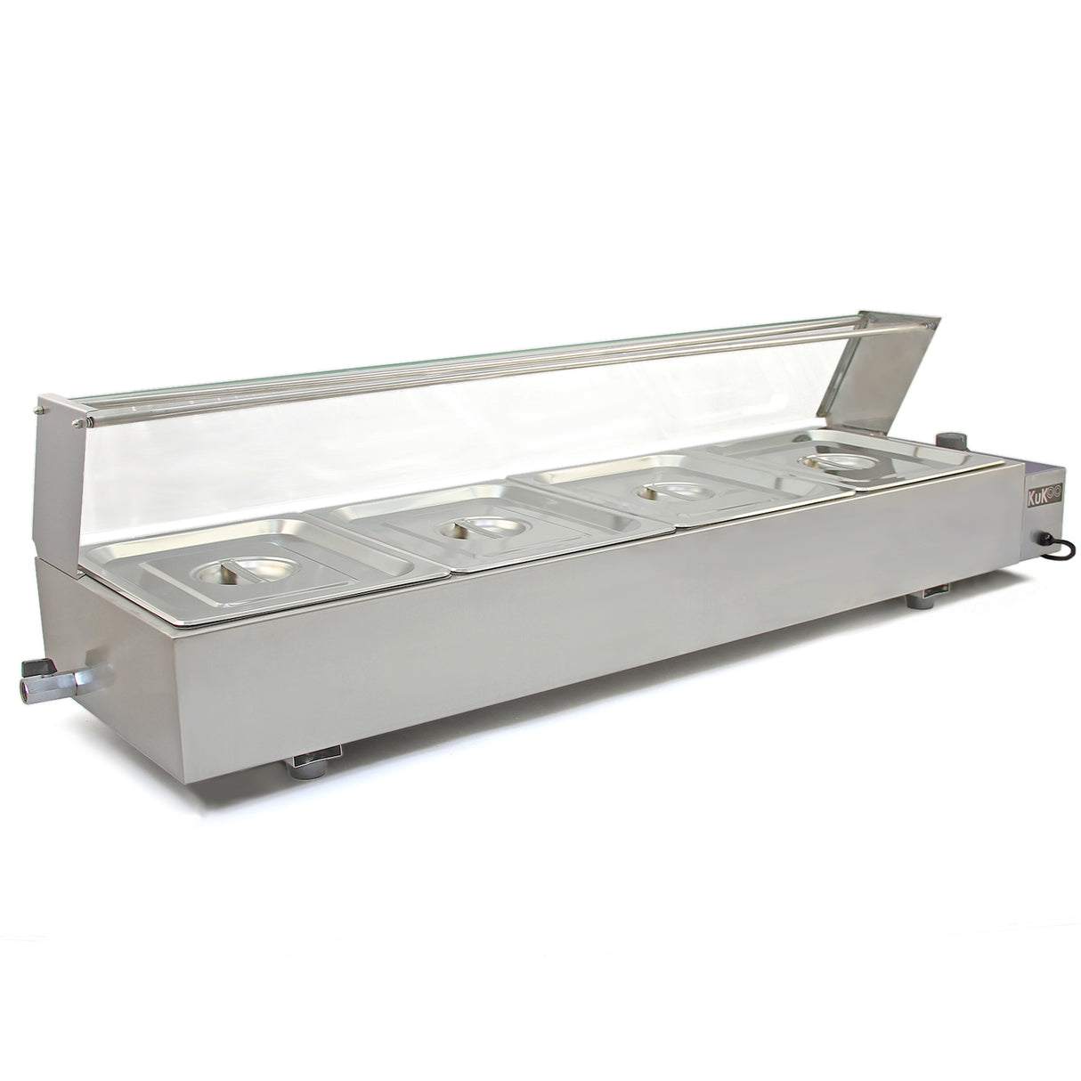 Bain marie KuKoo en acier inoxydable à quatre bacs, avec couvercle en verre, idéal pour maintenir les aliments au chaud et visibles