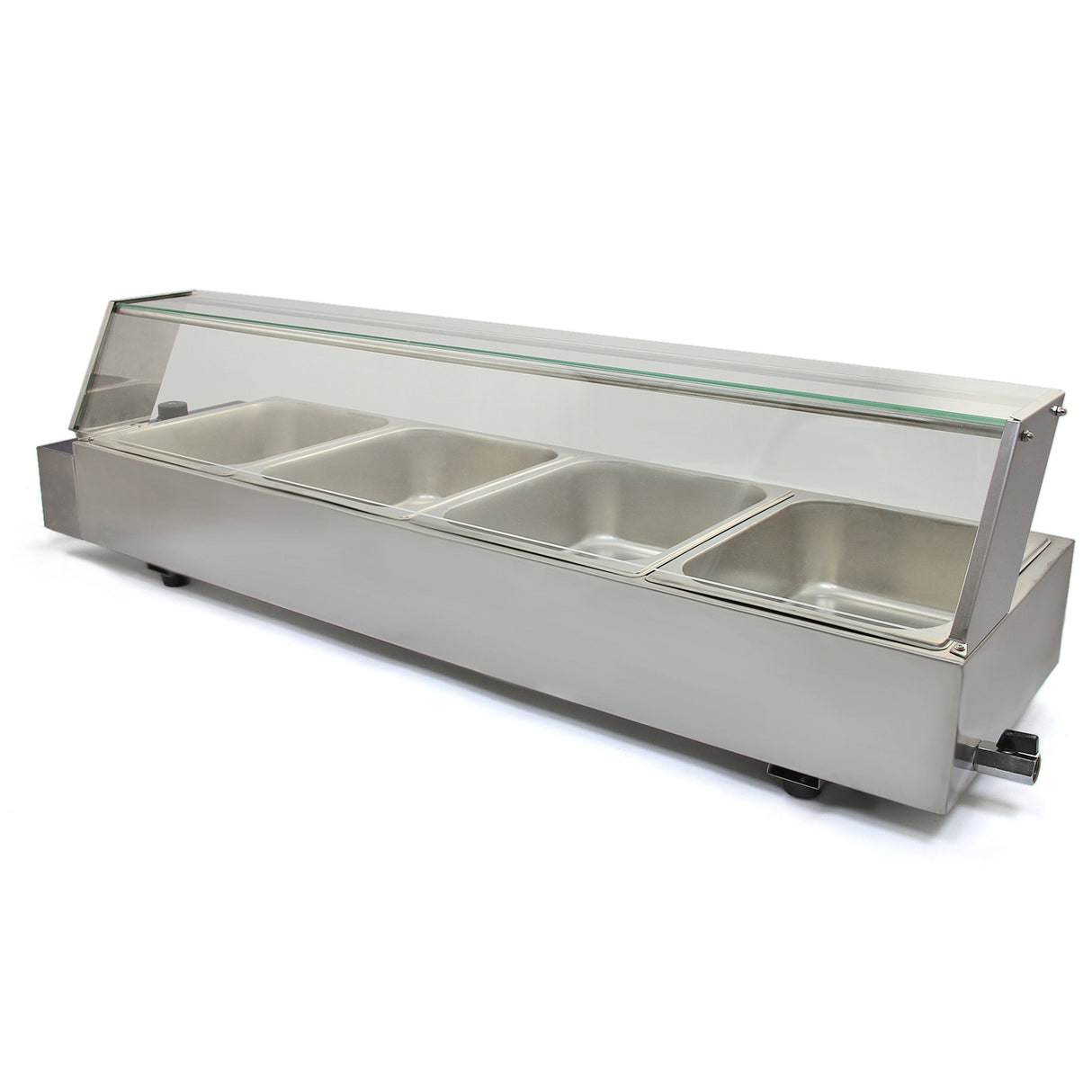 Bain marie en acier inoxydable à 4 bacs, avec couvercle en verre, idéal pour maintenir les aliments au chaud dans un cadre professionnel