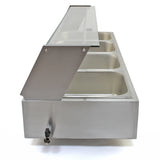Bain marie en acier inoxydable à quatre bacs, avec couvercle en verre, conçu pour maintenir les aliments au chaud et en présentation élégante