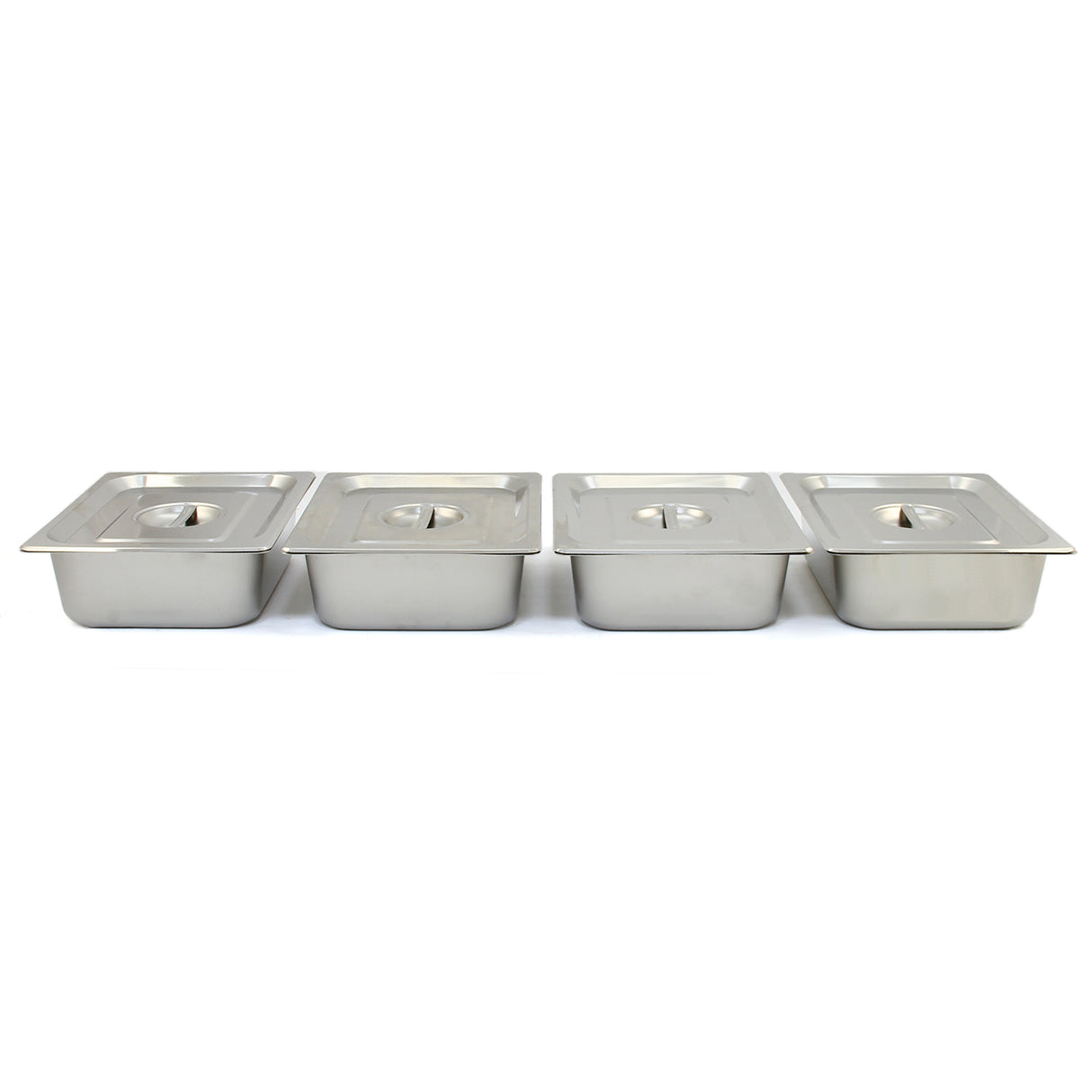 Bain marie KuKoo avec quatre bacs en acier inoxydable, brillants et rectangulaires, idéal pour maintenir les aliments au chaud