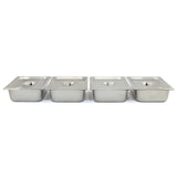 Bain marie KuKoo avec quatre bacs en acier inoxydable, brillants et rectangulaires, idéal pour maintenir les aliments au chaud