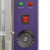 Panneau de contrôle d'un bain marie KuKoo avec boutons d'alimentation, chaleur et un cadran de température noir sur fond violet