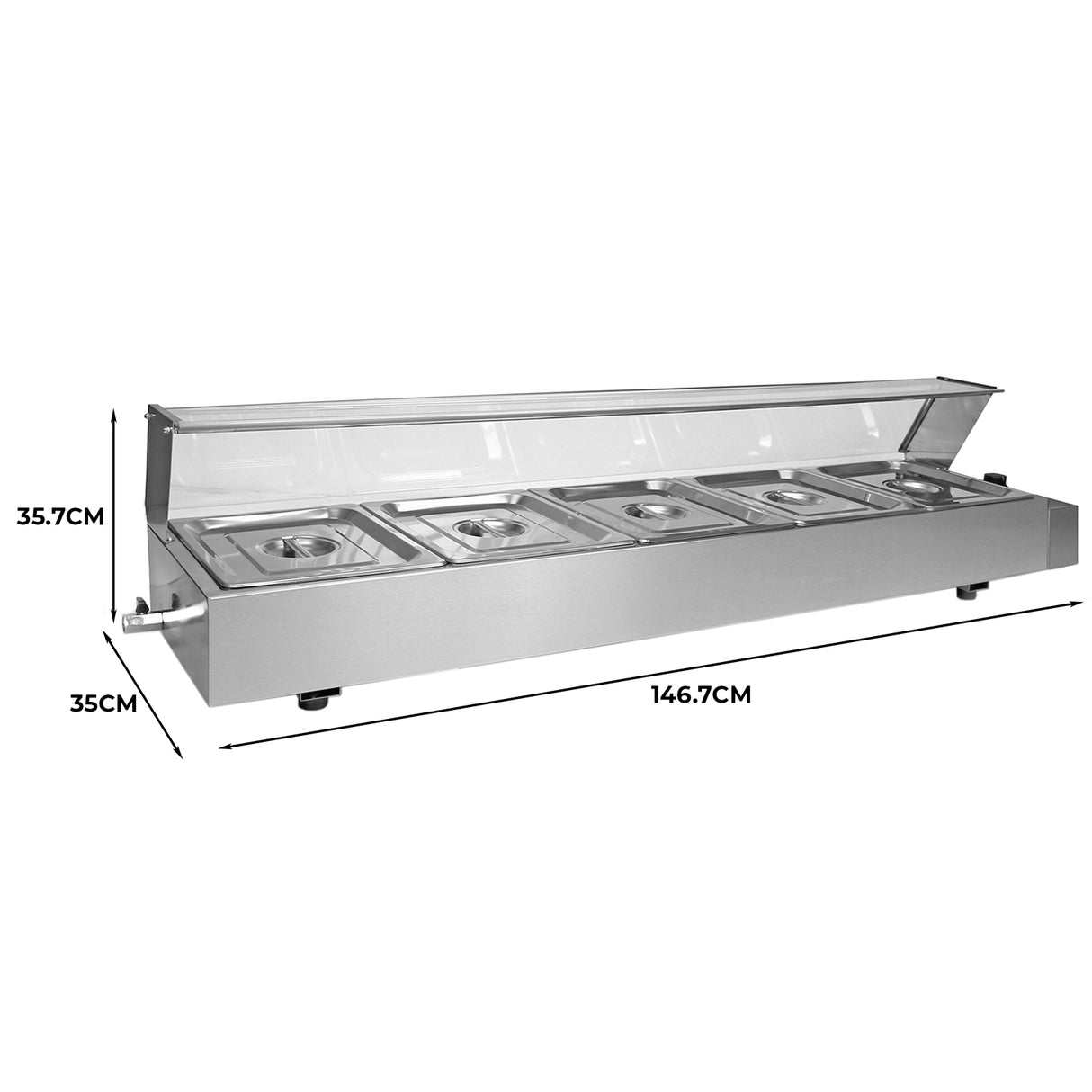 Bain marie KuKoo en acier inoxydable à 5 bacs, avec couvercle en verre, dimensions 146,7 cm de long et 35,7 cm de haut