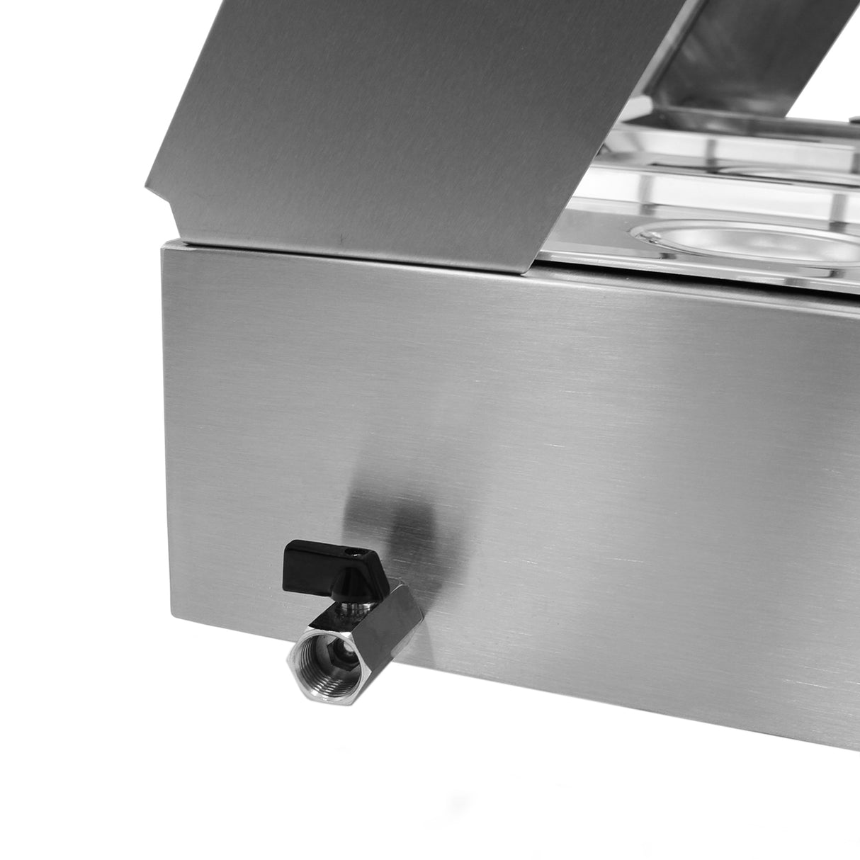 Bain marie en acier inoxydable à 5 bacs, avec un design moderne, surface lisse et robinet de drainage intégré pour un usage pratique