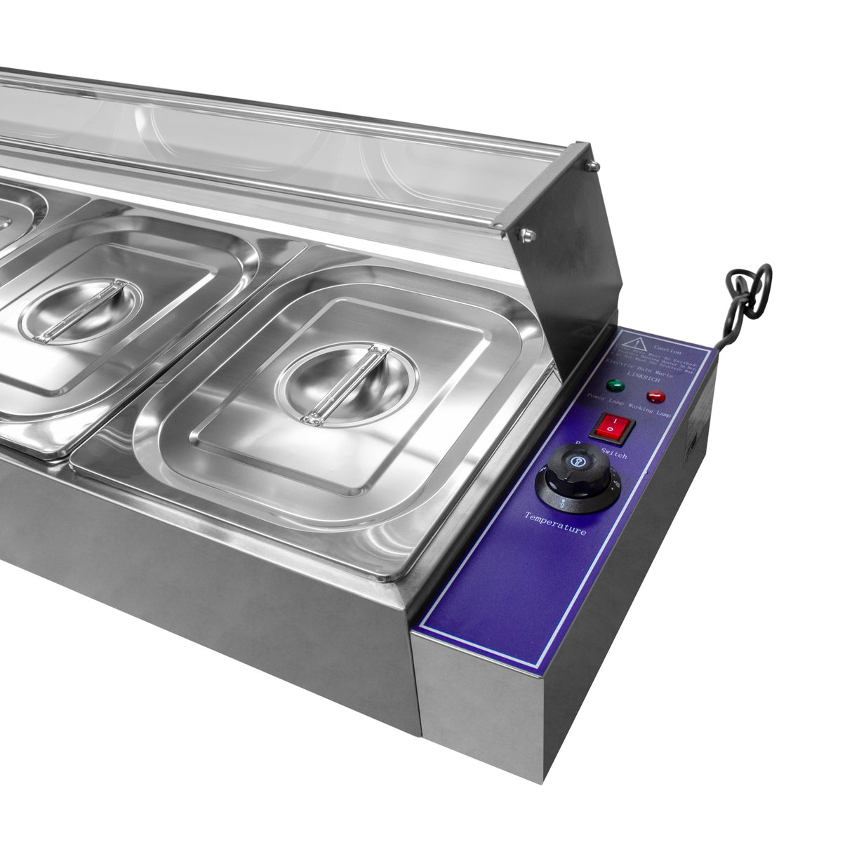 Bain marie à 5 bacs en acier inoxydable, avec couvercles en métal, panneau de contrôle violet, boutons de température et indicateurs lumineux