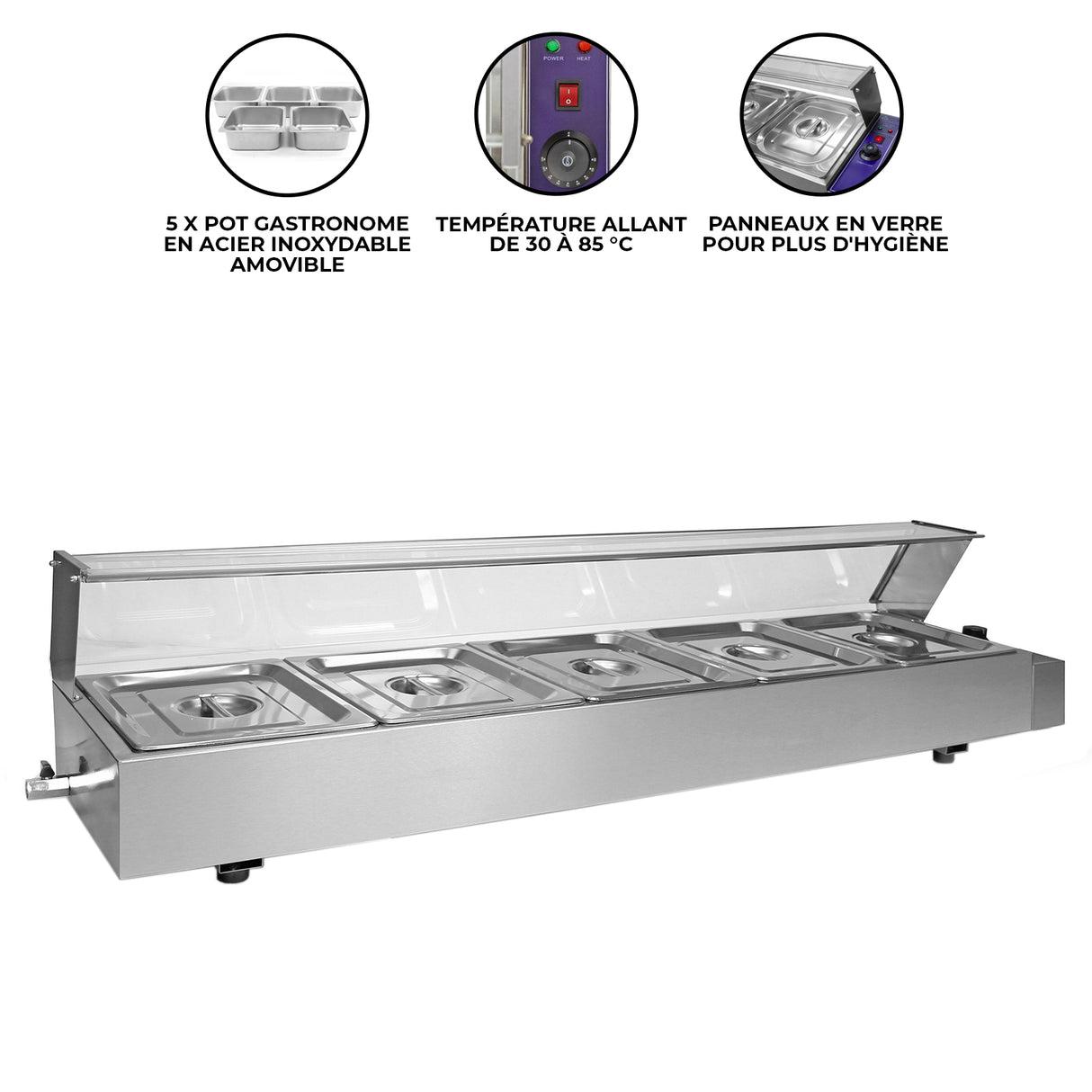 Bain Marie à 5 bacs en acier inoxydable, avec couvercle en verre, température réglable de 30 à 85 °C pour un service hygiénique