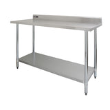 Plan de travail en inox KuKoo, dimensions 150 x 60 x 90 cm, surface lisse et brillante, avec étagère inférieure pour le rangement