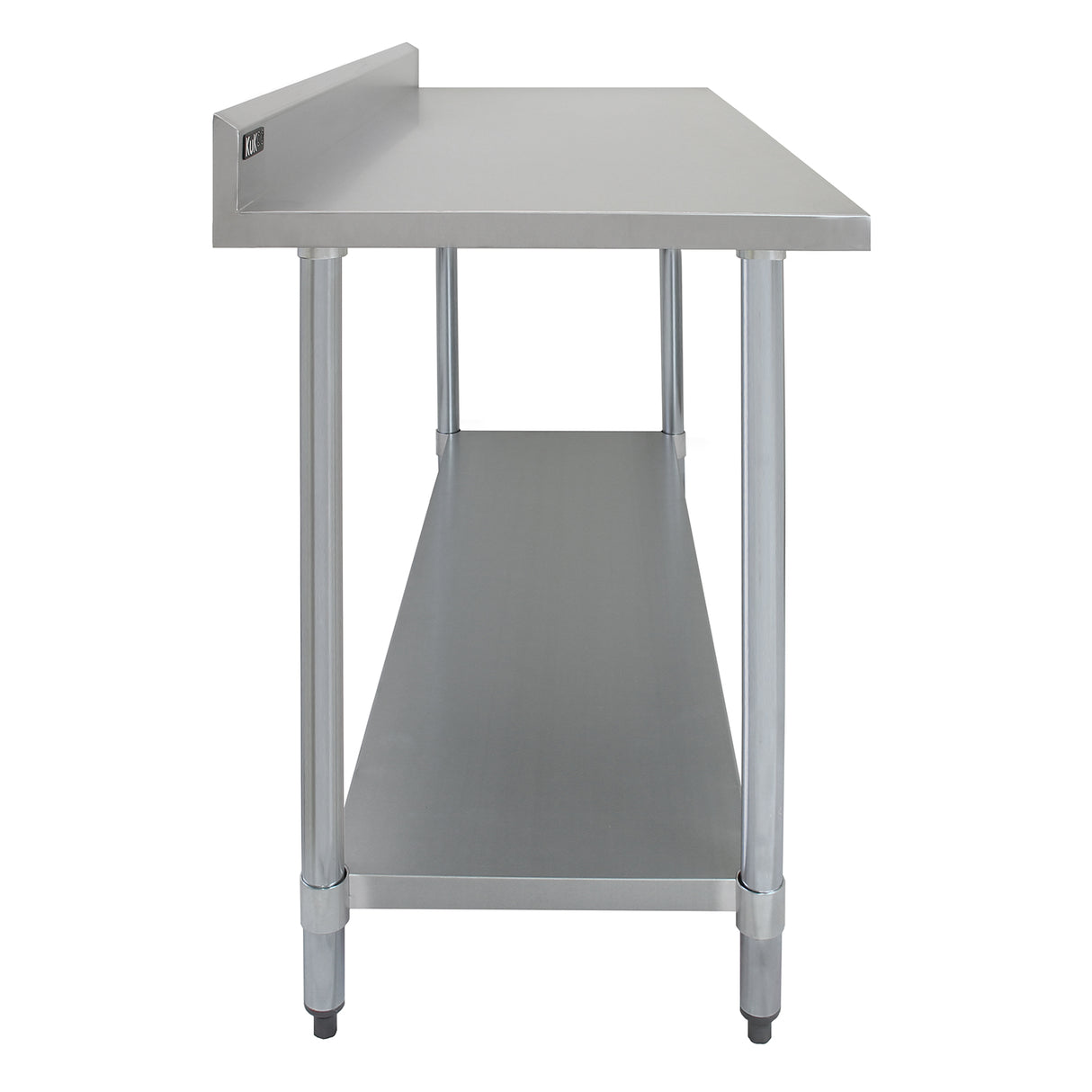 Plan de travail en inox de 150 x 60 x 90 cm, surface lisse et brillante, avec étagère inférieure et pieds en métal robuste