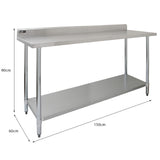 Plan de travail en inox KuKoo, dimensions 150 x 60 x 90 cm, surface lisse et brillante, avec étagère inférieure pour rangement