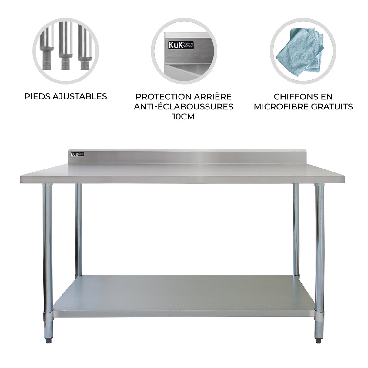 Plan de travail en inox KuKoo de 150 x 60 x 90 cm avec pieds ajustables, protection arrière anti-éclaboussures et chiffons en microfibre gratuits
