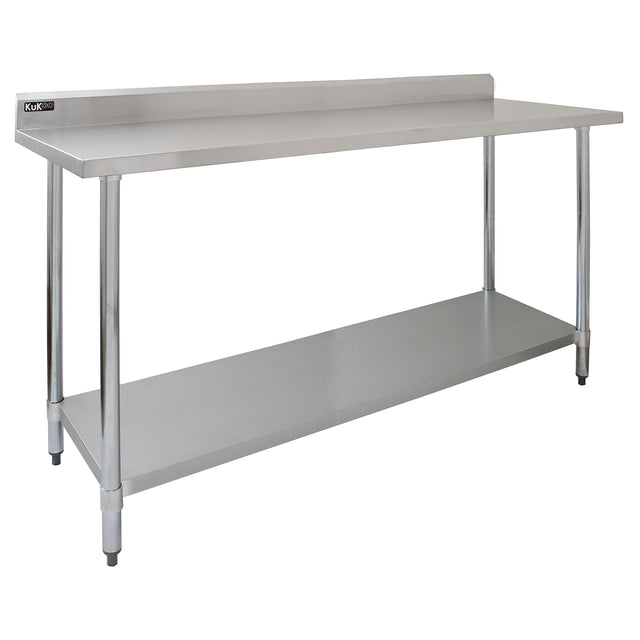 Plan de travail en inox KuKoo de 180 x 60 x 90 cm, surface lisse et brillante, avec étagère inférieure pour rangement pratique