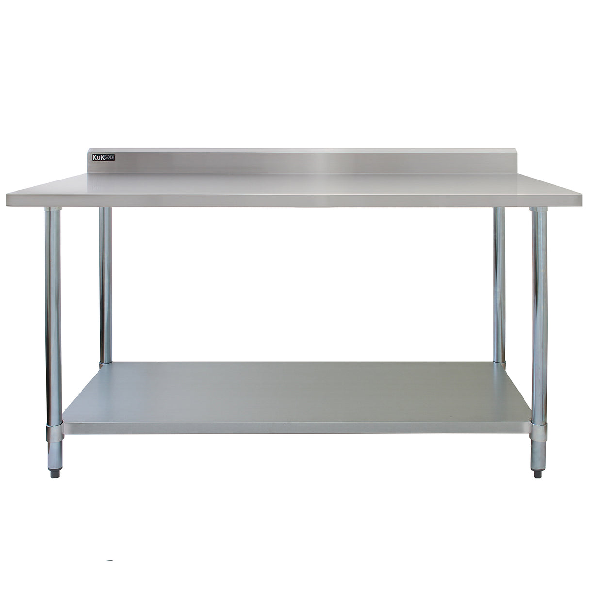 Plan de travail en inox KuKoo de 180 x 60 x 90 cm, surface lisse et brillante, avec étagère inférieure et pieds en acier inoxydable