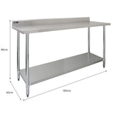 Plan de travail en inox KuKoo, dimensions 180 x 60 x 90 cm, surface lisse et brillante, avec étagère inférieure pour rangement pratique