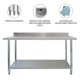 Plan de travail en inox KuKoo de 180 x 60 x 90 cm avec pieds ajustables, protection arrière anti-éclaboussures et chiffons en microfibre gratuits