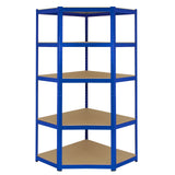 Rayonnage d'angle T-Rax en acier bleu avec étagères en bois beige, offrant un espace de rangement pratique et robuste