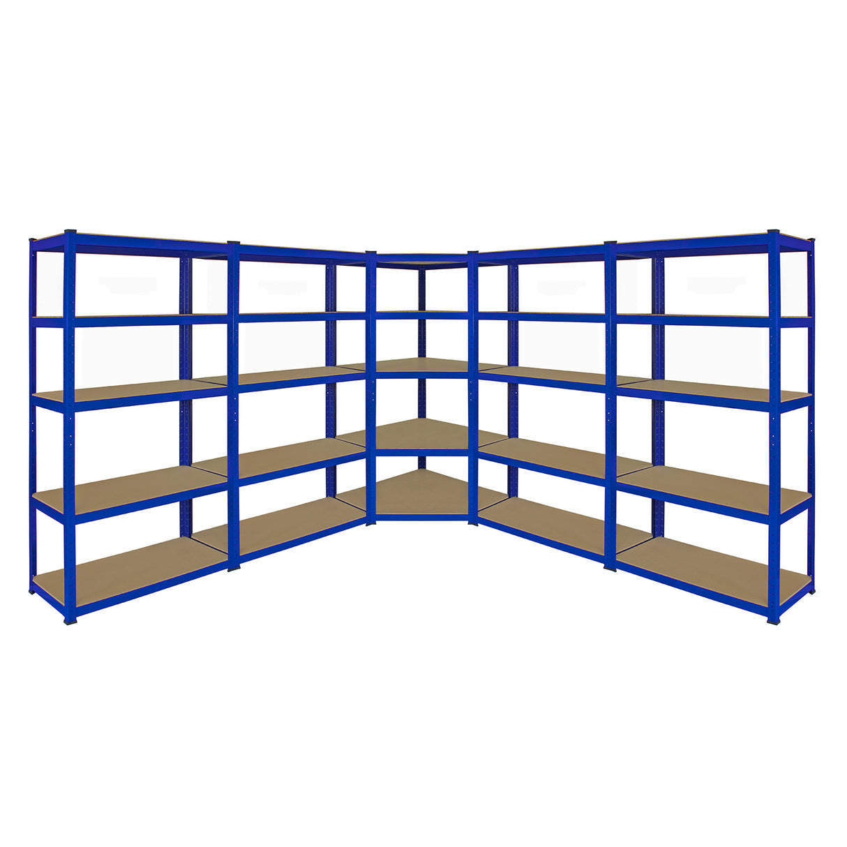 Rayonnage d'angle T-Rax en acier bleu avec quatre étagères en bois, offrant une structure robuste et un design fonctionnel pour le rangement