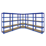 Rayonnage d'angle T-Rax en acier bleu avec quatre étagères en bois, offrant une structure robuste et un design fonctionnel pour le rangement