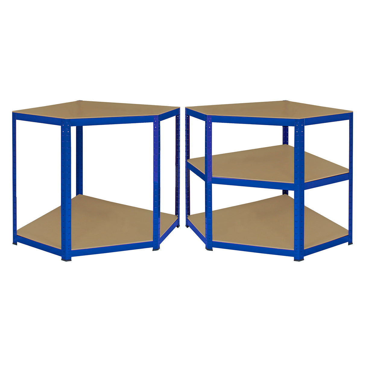 Rayonnage d'angle T-Rax en acier bleu avec étagères en bois, design robuste et moderne, idéal pour le rangement efficace