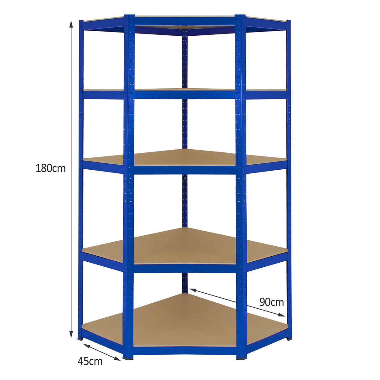 Rayonnage d'angle T-Rax en acier bleu, 180 cm de hauteur, 90 cm de large, avec étagères en bois, idéal pour le rangement robuste
