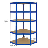 Rayonnage d'angle T-Rax en acier bleu, 180 cm de hauteur, 90 cm de large, avec étagères en bois, idéal pour le rangement robuste