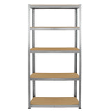 Rayonnage en acier galvanisé de 90 cm avec cinq étagères en bois, offrant robustesse et espace de rangement optimal pour divers objets