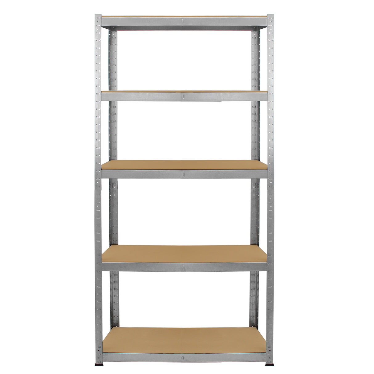 Rayonnage en acier galvanisé de 90 cm avec cinq étagères en bois, offrant robustesse et espace de rangement optimal pour divers objets