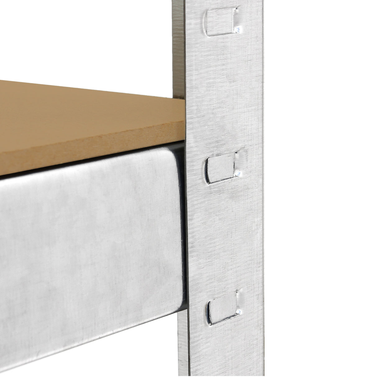 Rayonnage en acier galvanisé avec étagères en bois, finition lisse, couleur argentée, robuste et durable, idéal pour le rangement