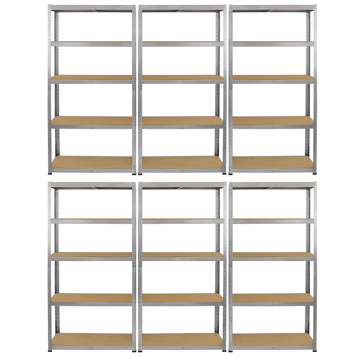 Rayonnages Galwix en acier galvanisé, couleur argentée, avec étagères en bois, dimensions 90 cm x 30 cm x 180 cm, lot de 6 unités