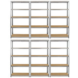 Rayonnages Galwix en acier galvanisé, couleur argentée, avec étagères en bois, dimensions 90 cm x 30 cm x 180 cm, lot de 6 unités