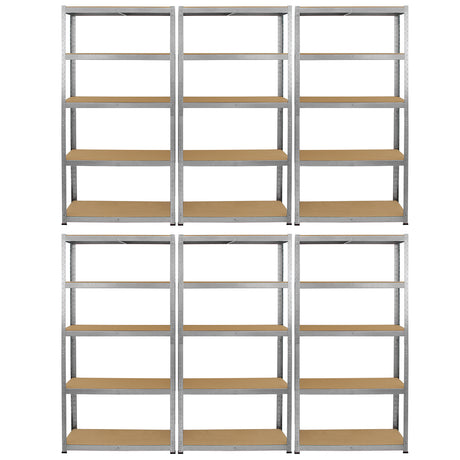 Rayonnages Galwix en acier galvanisé, couleur argentée, avec étagères en bois, dimensions 90 cm x 30 cm x 180 cm, lot de 6 unités