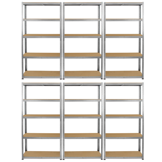 Rayonnages Galwix en acier galvanisé, couleur argentée, avec étagères en bois, dimensions 90 cm x 30 cm x 180 cm, lot de 6 unités