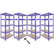 Rayonnage d'angle T-Rax en acier bleu, quatre étagères avec étagères en bois, robuste et spacieux pour le rangement efficace