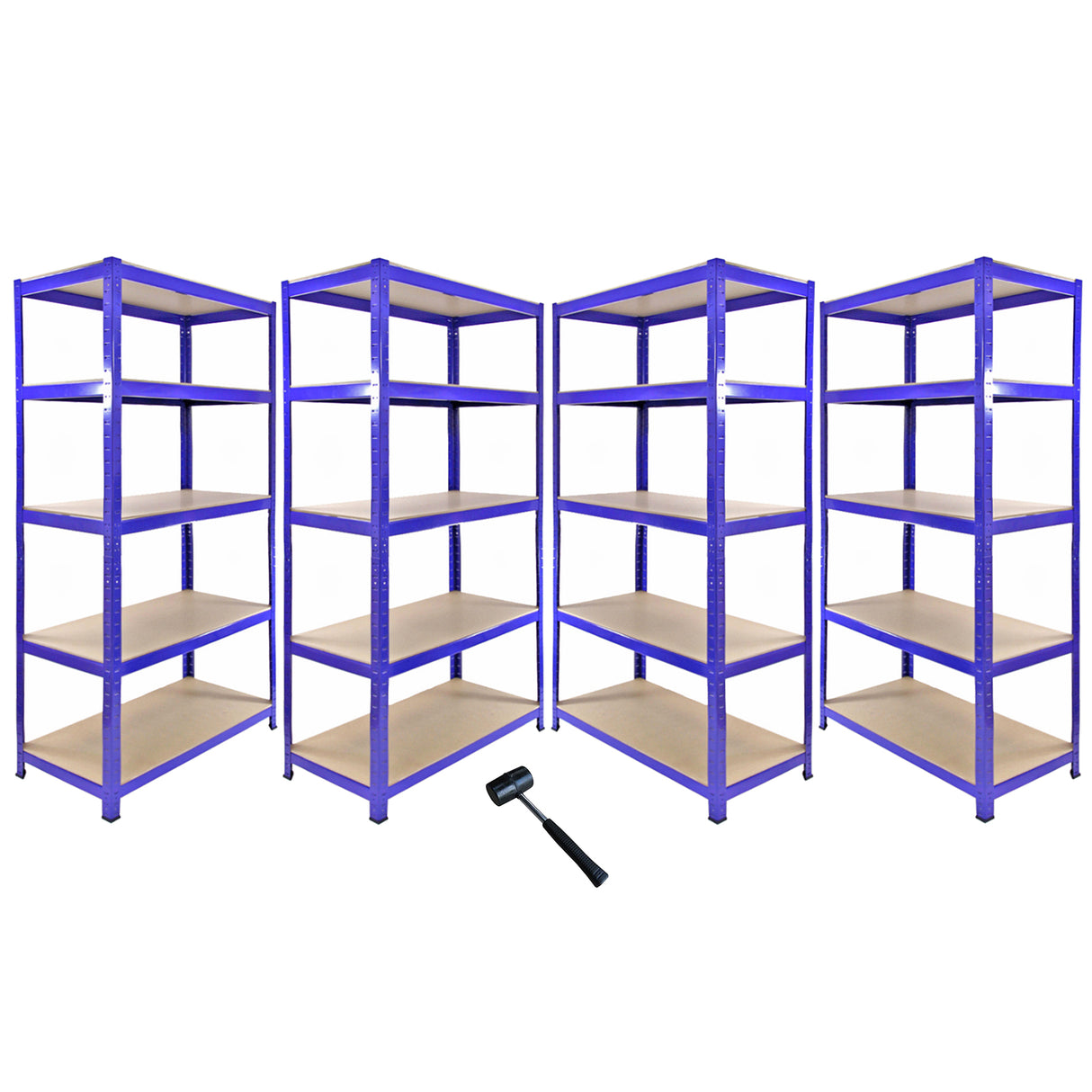 Rayonnage d'angle T-Rax en acier bleu, quatre étagères avec étagères en bois, robuste et spacieux pour le rangement efficace