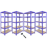 Rayonnage d'angle T-Rax en acier bleu, quatre étagères avec étagères en bois, robuste et spacieux pour le rangement efficace