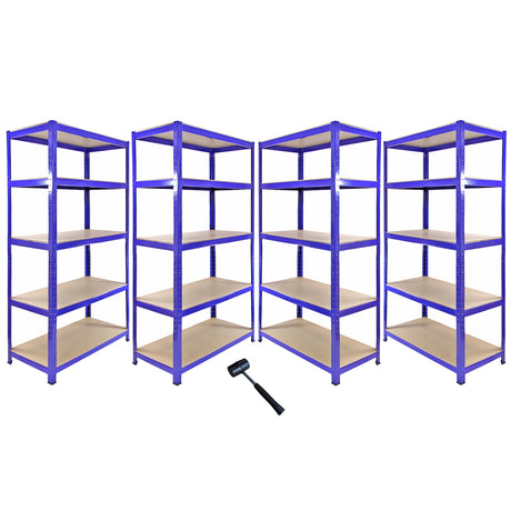 Rayonnage d'angle T-Rax en acier bleu, quatre étagères avec étagères en bois, robuste et spacieux pour le rangement efficace