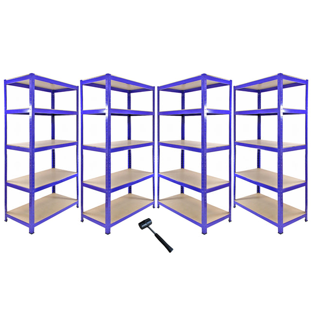 Rayonnage d'angle T-Rax en acier bleu, quatre étagères avec étagères en bois, robuste et spacieux pour le rangement efficace